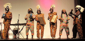 Akwaaba Ensemble brings high-energy West African drumming and dance performance that demonstrate the subtle rhythmic patterns and styles specific to different tribal groups. Students learn and practice several songs during workshops, then join the group on stage for public performances. 