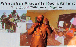 Working with Kingsley, students founded the Education Prevents Recruitment project to support the education of Ogoni Nigerian children. In addition to collecting school supplies, students raised money to help meet the costs of tuition and school uniforms.
