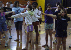Under direction of members of the Roxey Ballet, students learn several basic ballet movements, during which they discover both the required artistry and athleticism of dance.